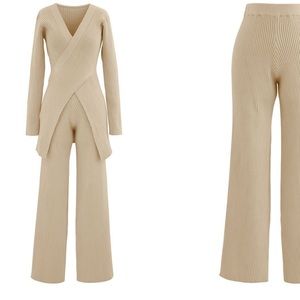 PANT SET Beige knit pant co-ord lounge Set